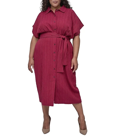 DKNY by Donna Karan Plus Size Crushed Dobby Short Sleeve Button Front Shirt Dress