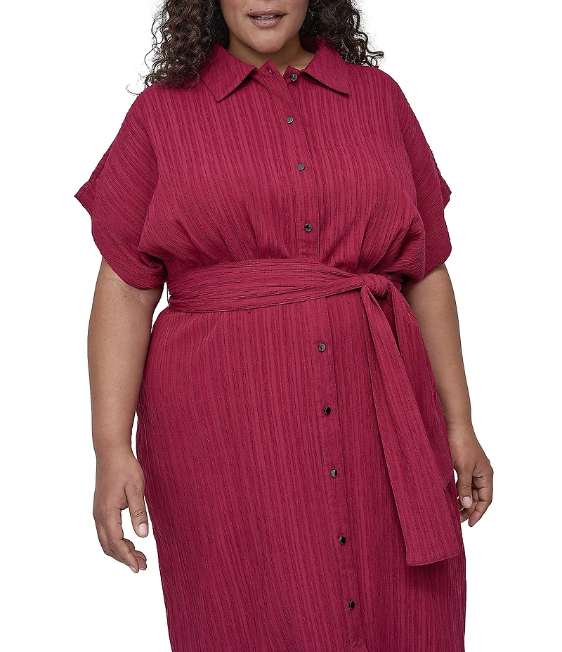 DKNY by Donna Karan Plus Size Crushed Dobby Short Sleeve Button Front Shirt Dress
