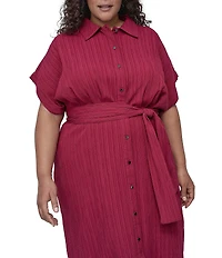 DKNY by Donna Karan Plus Size Crushed Dobby Short Sleeve Button Front Shirt Dress