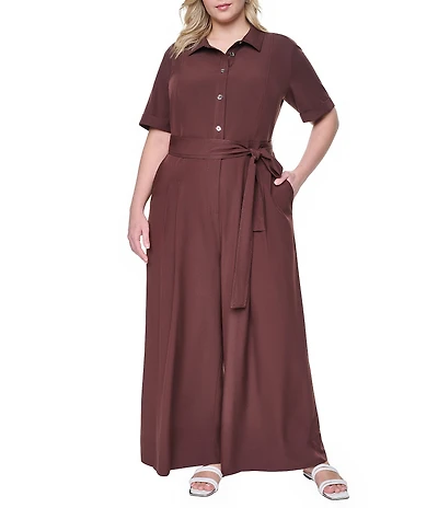 DKNY by Donna Karan Plus Size Short Sleeve Button Front Wide Leg Jumpsuit