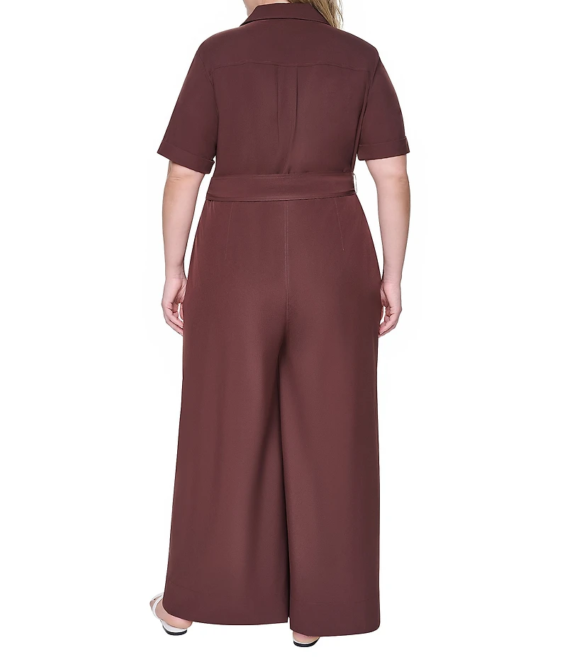 DKNY by Donna Karan Plus Size Short Sleeve Button Front Wide Leg Jumpsuit