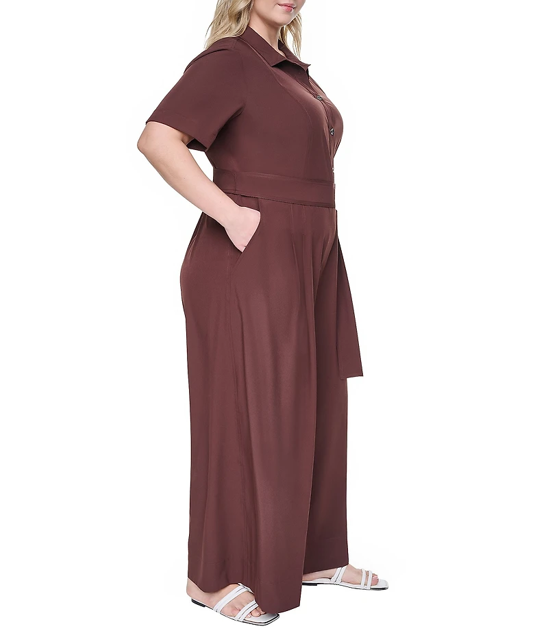 DKNY by Donna Karan Plus Size Short Sleeve Button Front Wide Leg Jumpsuit