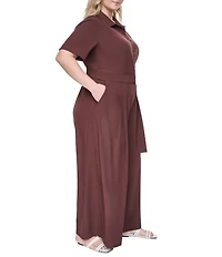DKNY by Donna Karan Plus Size Short Sleeve Button Front Wide Leg Jumpsuit