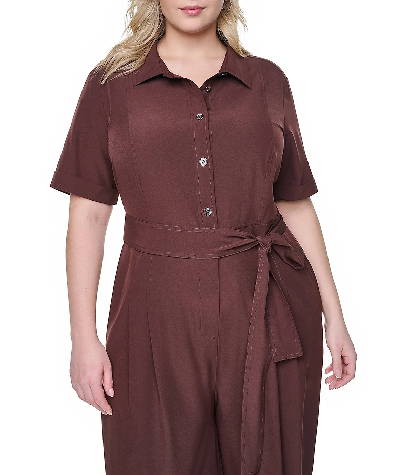 DKNY by Donna Karan Plus Size Short Sleeve Button Front Wide Leg Jumpsuit