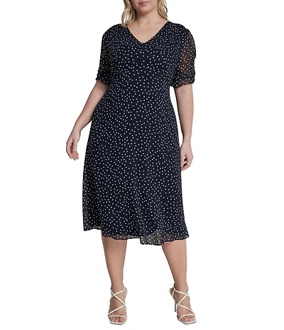 DKNY by Donna Karan Plus Size Short Sleeve Dot Print Midi Dress