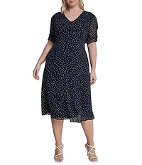 DKNY by Donna Karan Plus Size Short Sleeve Dot Print Midi Dress