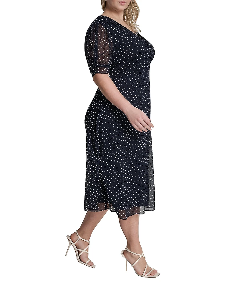 DKNY by Donna Karan Plus Size Short Sleeve Dot Print Midi Dress