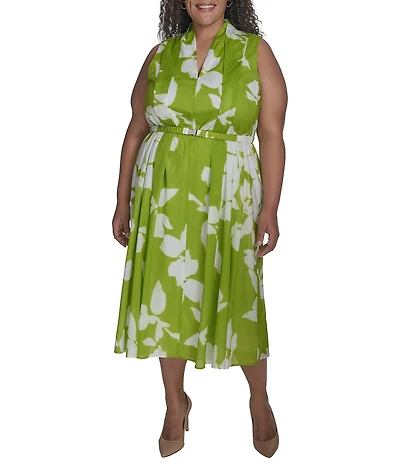 DKNY by Donna Karan Plus Size V-Neck Printed Fit and Flare Midi Dress