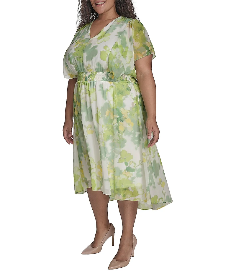 DKNY by Donna Karan Plus Size V-Neck Short Flutter Sleeve Smocked A-Line Midi Dress