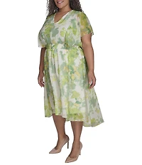 DKNY by Donna Karan Plus Size V-Neck Short Flutter Sleeve Smocked A-Line Midi Dress