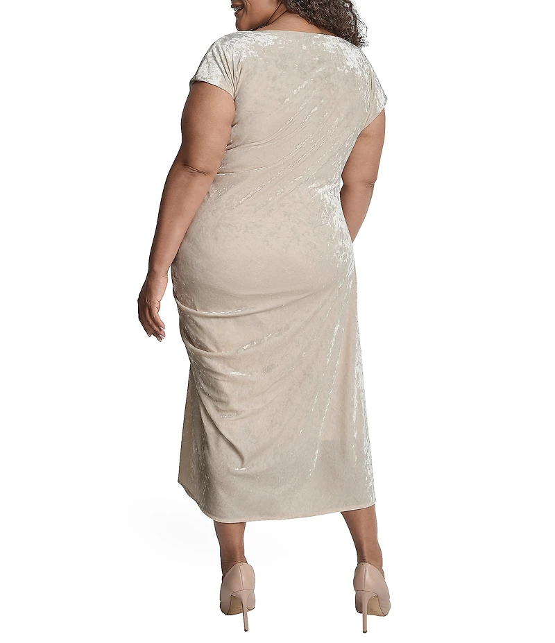 DKNY by Donna Karan Plus Size Velvet Cowl Neck Cap Sleeve Ruched Midi Dress