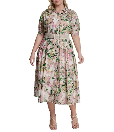 DKNY by Donna Karan Plus Size Woven Floral Short Puff Sleeve Belted Midi Shirt Dress