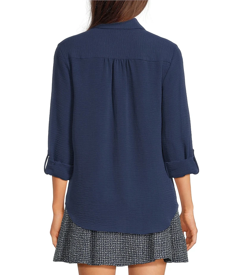 DKNY by Donna Karan Point Collar Long Roll-Tab Sleeve Button Front Blouse