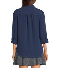 DKNY by Donna Karan Point Collar Long Roll-Tab Sleeve Button Front Blouse
