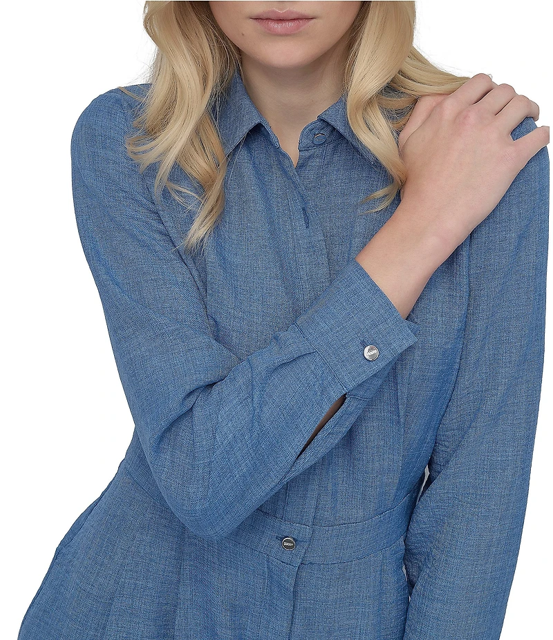 DKNY by Donna Karan Point Collar Long Sleeve Button Front Melange Washer Shirtdress