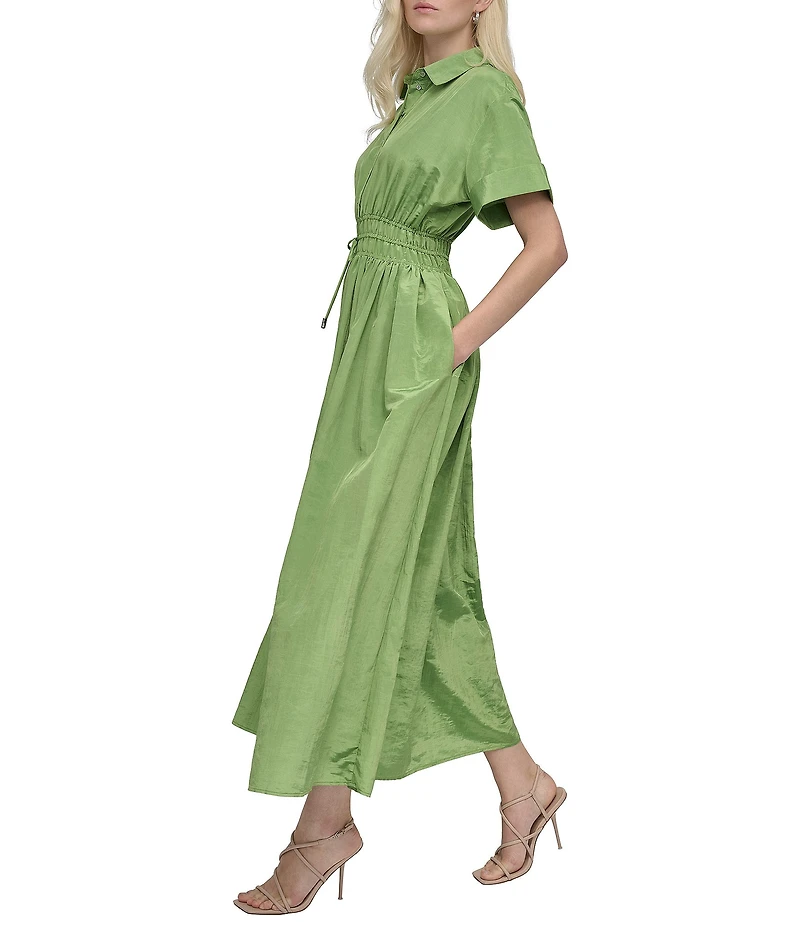 DKNY by Donna Karan Point Collar Neck Short Sleeve Cinch Waist Button Front Shirt Maxi Dress