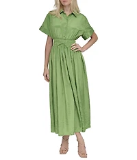 DKNY by Donna Karan Point Collar Neck Short Sleeve Cinch Waist Button Front Shirt Maxi Dress