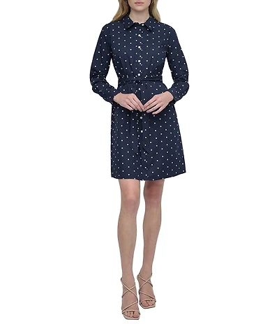 DKNY by Donna Karan Polka Dot Cotton Poplin Long Sleeve Belted Shirtdress