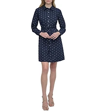 DKNY by Donna Karan Polka Dot Cotton Poplin Long Sleeve Belted Shirtdress