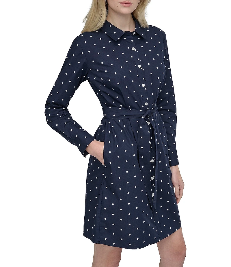 DKNY by Donna Karan Polka Dot Cotton Poplin Long Sleeve Belted Shirtdress