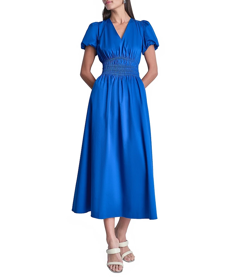 DKNY by Donna Karan Poplin V-Neck Short Sleeve Smocked A-Line Midi Dress