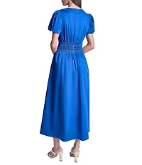 DKNY by Donna Karan Poplin V-Neck Short Sleeve Smocked A-Line Midi Dress