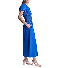 DKNY by Donna Karan Poplin V-Neck Short Sleeve Smocked A-Line Midi Dress