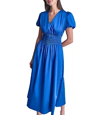 DKNY by Donna Karan Poplin V-Neck Short Sleeve Smocked A-Line Midi Dress