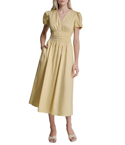 DKNY by Donna Karan Poplin V-Neck Short Sleeve Smocked A-Line Midi Dress