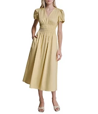 DKNY by Donna Karan Poplin V-Neck Short Sleeve Smocked A-Line Midi Dress