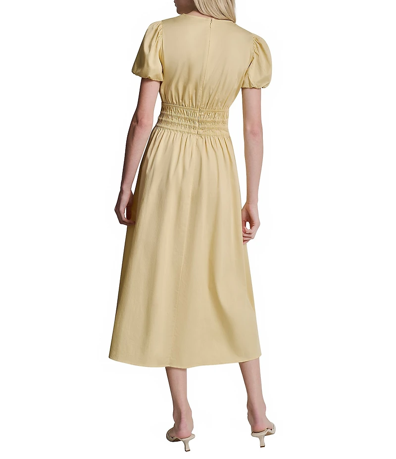 DKNY by Donna Karan Poplin V-Neck Short Sleeve Smocked A-Line Midi Dress