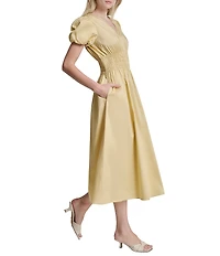 DKNY by Donna Karan Poplin V-Neck Short Sleeve Smocked A-Line Midi Dress