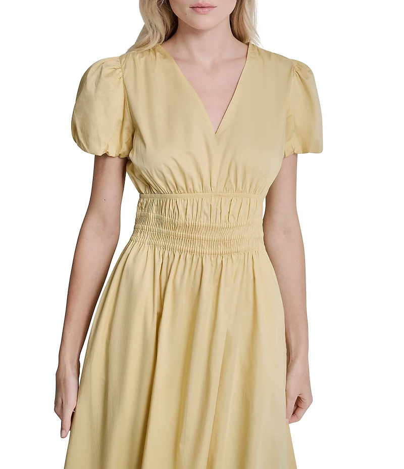 DKNY by Donna Karan Poplin V-Neck Short Sleeve Smocked A-Line Midi Dress