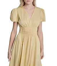 DKNY by Donna Karan Poplin V-Neck Short Sleeve Smocked A-Line Midi Dress