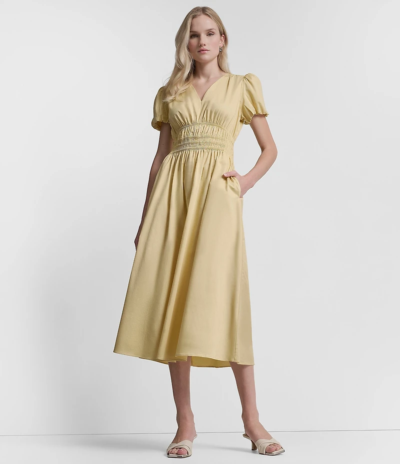 DKNY by Donna Karan Poplin V-Neck Short Sleeve Smocked A-Line Midi Dress