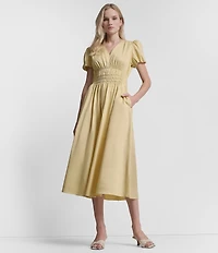 DKNY by Donna Karan Poplin V-Neck Short Sleeve Smocked A-Line Midi Dress