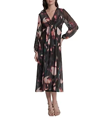 DKNY by Donna Karan Printed Chiffon V-Neck Long Balloon Sleeve Empire Waist Midi Dress