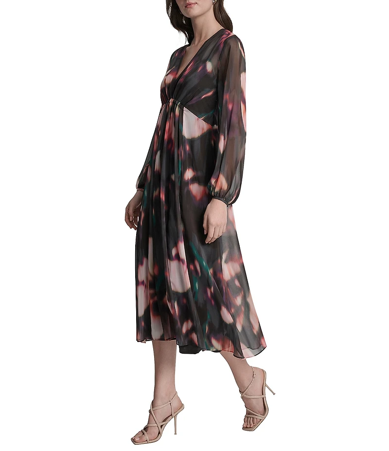 DKNY by Donna Karan Printed Chiffon V-Neck Long Balloon Sleeve Empire Waist Midi Dress