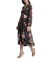 DKNY by Donna Karan Printed Chiffon V-Neck Long Balloon Sleeve Empire Waist Midi Dress