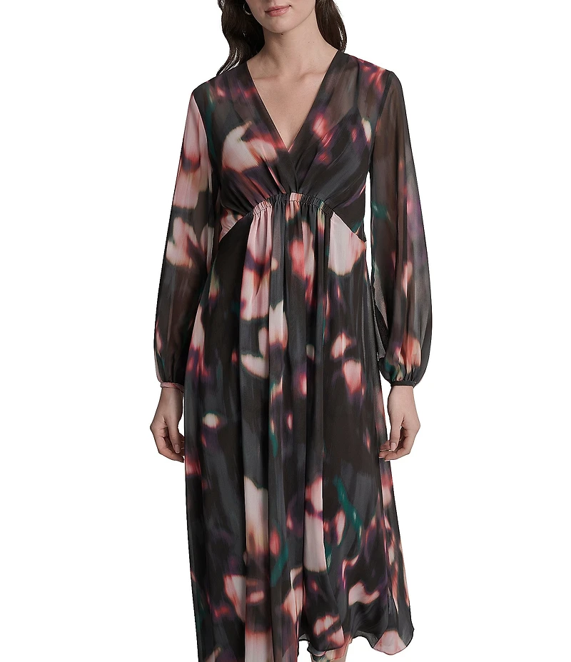 DKNY by Donna Karan Printed Chiffon V-Neck Long Balloon Sleeve Empire Waist Midi Dress