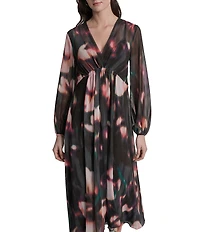 DKNY by Donna Karan Printed Chiffon V-Neck Long Balloon Sleeve Empire Waist Midi Dress