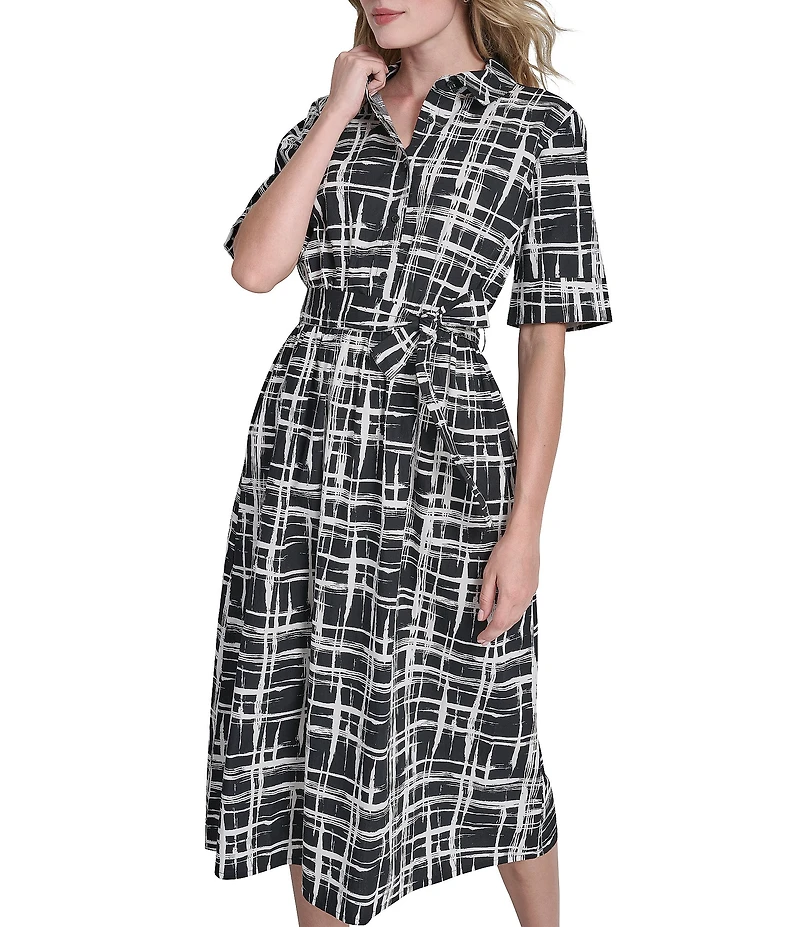 DKNY by Donna Karan Printed Cotton Poplin Elbow Sleeve Belted Shirt Dress
