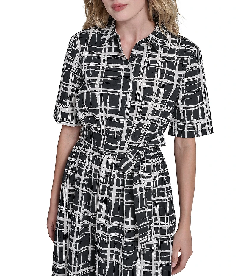 DKNY by Donna Karan Printed Cotton Poplin Elbow Sleeve Belted Shirt Dress