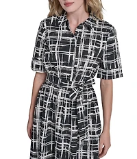 DKNY by Donna Karan Printed Cotton Poplin Elbow Sleeve Belted Shirt Dress