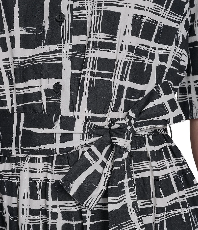 DKNY by Donna Karan Printed Cotton Poplin Elbow Sleeve Belted Shirt Dress