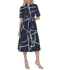 DKNY by Donna Karan Printed Cotton Short Sleeve Belted Midi Shirtdress