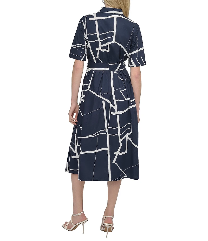 DKNY by Donna Karan Printed Cotton Short Sleeve Belted Midi Shirtdress