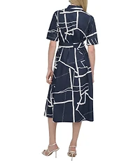 DKNY by Donna Karan Printed Cotton Short Sleeve Belted Midi Shirtdress