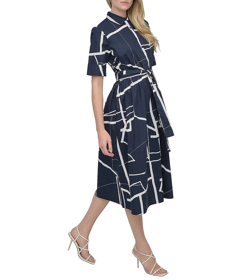 DKNY by Donna Karan Printed Cotton Short Sleeve Belted Midi Shirtdress