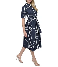 DKNY by Donna Karan Printed Cotton Short Sleeve Belted Midi Shirtdress